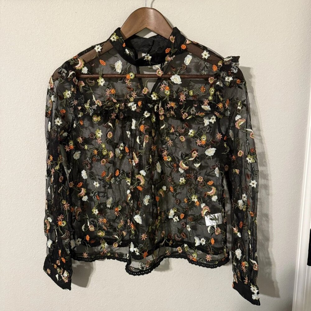 Black Floral Blouse Sheer Size L  The Moon brand | Goth Whimsical Formal Nature